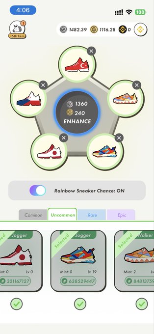 STEPN app screen showing a sneaker enhancement interface with five sneakers around an 'ENHANCE' button costing 1360 GST/240 points, with 'Rainbow Sneaker Chance: ON' enabled.