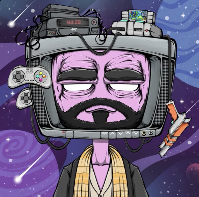 A stylized cartoon illustration features a pink-skinned, bearded character with a CRT monitor for a head, adorned with retro gaming consoles, a game controller, and a toy gun against a cosmic background.