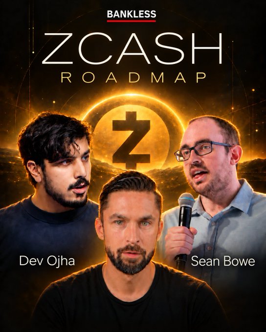 A promotional thumbnail for a “BANKLESS ZCASH ROADMAP” discussion shows Dev Ojha and Sean Bowe in front of a glowing Zcash logo. It accompanies the post’s announcement of a Friday technical conversation about the Zcash roadmap with @zkDragon and @ebfull.