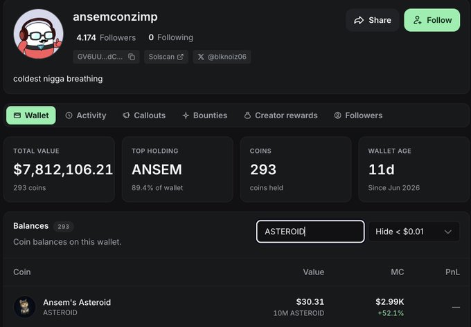 The image shows a crypto wallet dashboard for user "ansemconzimp" with a total value of $7,812,106.21, where a search for "ASTEROID" reveals "Ansem's Asteroid" as a holding worth $30.31 (10M ASTEROID) with a +52.1% gain, confirming the post's claim that the wallet contains the first and only $ASTEROID token.