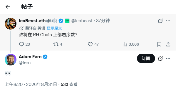 A tweet from @icobeast asks "谁将 RH Chain 上部署链数?" ("Who will deploy on RH Chain?"), prompting Adam Fern (@fern), Robinhood's ecosystem lead, to respond by posting an image. The screenshot shows Fern's profile and post indicating he has minted inscriptions on RH Chain at 8:20 PM on August 31, 2026, with 533 views.