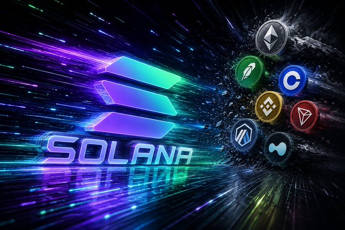 The Solana logo is prominently displayed in the foreground, with various cryptocurrency logos like Ethereum and BNB shown behind it, illustrating Solana's superior transaction speed. This visually represents Solana's claim of handling more transactions per second than a combined group of other cryptocurrencies.