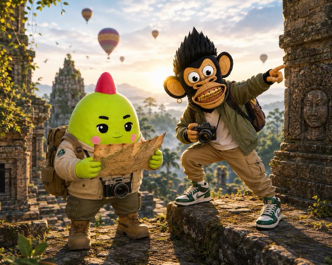 A whimsical scene showing a cartoonish green character with a red tuft holding a map and camera, alongside a person in a monkey mask pointing into the distance, set among ancient temple ruins with hot air balloons in the sky.