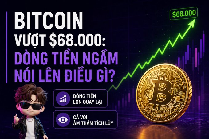 A Vietnamese-language graphic titled 'BITCOIN VƯỢT $68.000: ĐỒNG TIỀN NGẦM NÓI LÊN ĐIỀU GÌ?' with a cartoon figure, a Bitcoin coin, an upward price chart reaching $68,000, and bullet points about money returning and whales accumulating.