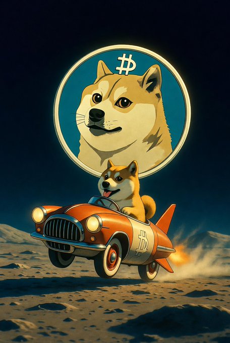 A Shiba Inu dog, the mascot of Dogecoin, joyfully pilots a rocket-powered orange car across a moon-like landscape, with a large Dogecoin emblem (Ð) hovering behind it, symbolizing Dogecoin's "to the moon" meme and its rocket-like price surges.