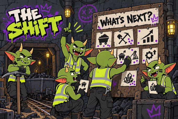 A cartoon illustration titled "THE SHIFT" depicts green goblin-like creatures in mining gear gathered around a board titled "WHAT'S NEXT?" with various icons.