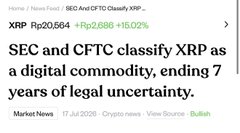A news headline reads "SEC and CFTC classify XRP as a digital commodity, ending 7 years of legal uncertainty," with the ticker XRP showing +20,564 (+2,888 +150.02%) and noting 750,000,000 XRP vanished from exchanges, marking a historic regulatory milestone for XRP amid a massive supply shock.
