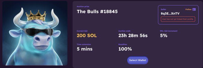 An auction page for 'The Bulls #18845' showing a 200 SOL current bid, 23h 28m 56s remaining, and 100% royalties.