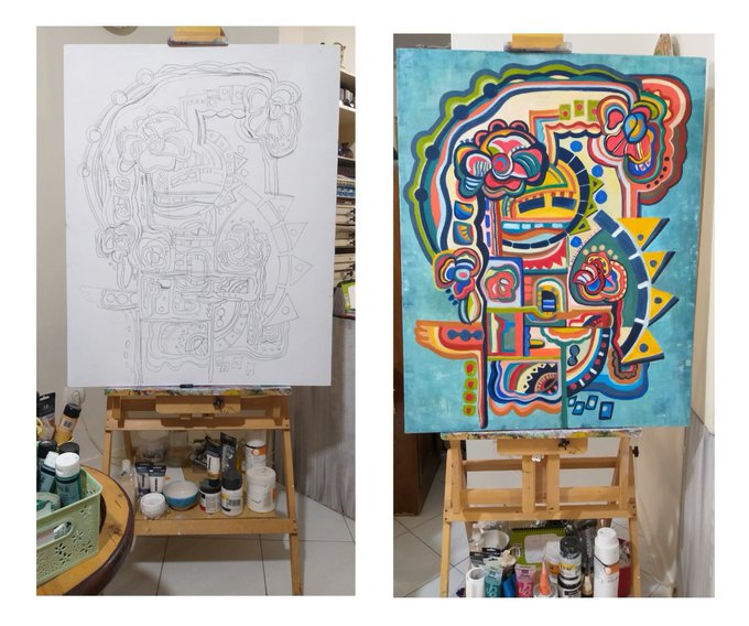 A before-and-after of an artwork on an easel: the left side shows a black-and-white line drawing, and the right side shows the finished colorful painting featuring abstract shapes in blue, red, yellow, and green.