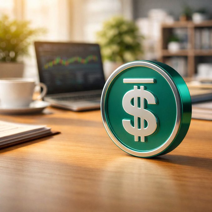 The image features a green $USDD coin sitting on top of a wooden desk. The coin has been placed there for emphasis, possibly to highlight its significance or purpose within the context of the broader discussion about stablecoins.