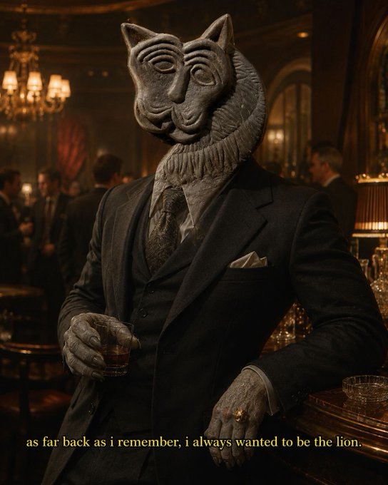 A stone cat sculpture in a sharp suit holds a drink at a dimly lit bar, captioned "as far back as i remember, i always wanted to be the lion."

The post references $LEVCAT (Lion Cat), a meme coin, and the image's caption about wanting to be "the lion" ties directly into the token's name and the poster's bullish narrative despite having reduced their position.