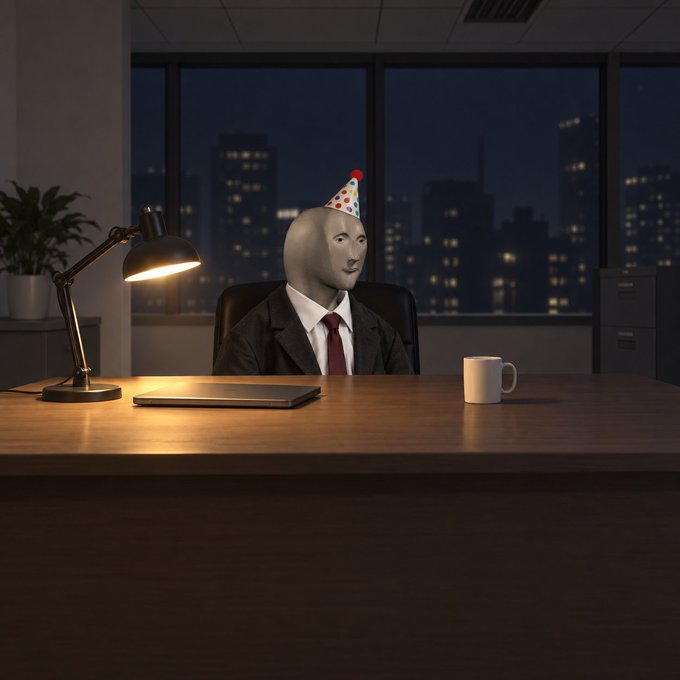 A surreal figure with a mannequin head wearing a small birthday party hat sits alone at an office desk at night, illuminated by a desk lamp with a mug and closed laptop nearby.