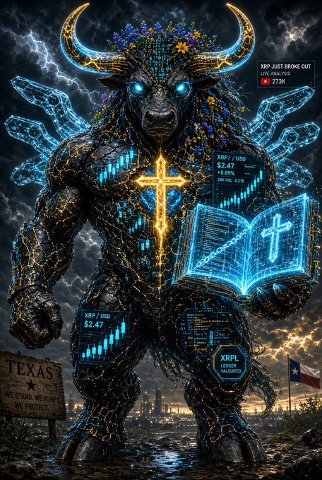 A massive, obsidian-textured bull-like creature with glowing blue eyes, a radiant golden cross on its chest, and a flowing mane of flowers stands in a stormy Texas landscape while holding an open digital book. The image overlays crypto ticker data, prominently displaying "XRP / USD $2.47," "XRP JUST BROKE OUT LIVE ANALYSIS," "273K," and "XRPL LEDGER VALIDATED," tying the mythological beast directly to the XRP ecosystem — a fitting visualization for the user's post about minting an NFT of Grok's "monster."