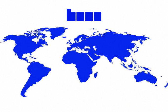 A blue silhouette world map appears on a white background with some blue geometric shapes above it.