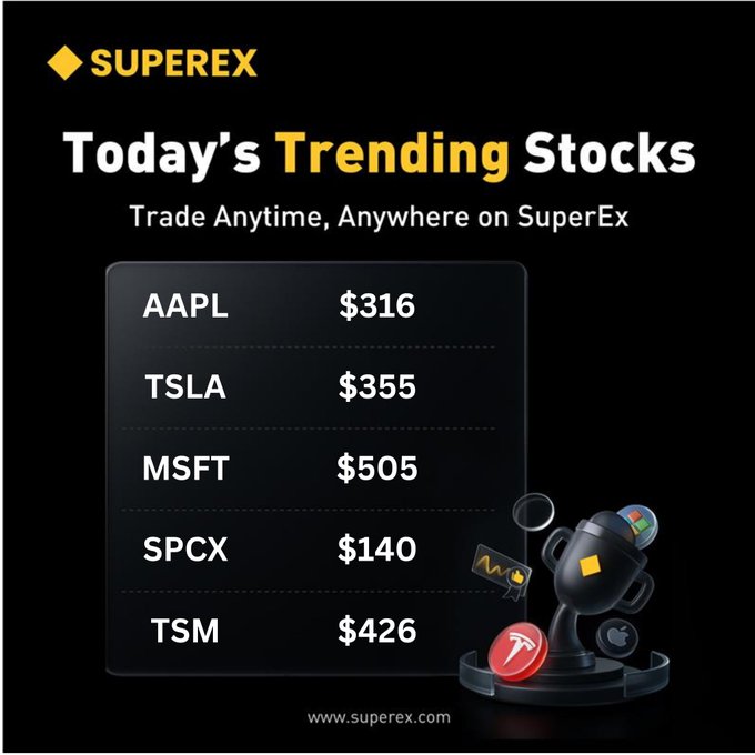A SuperEx promotional graphic titled "Today's Trending Stocks – Trade Anytime, Anywhere on SuperEx" displays a black panel listing trending US stocks and their prices: AAPL at $316, TSLA at $355, MSFT at $505, SPCX at $140, and TSM at $426, alongside a 3D telescope icon and the website www.superex.com. The image visually reinforces the accompanying post by presenting the same stock tickers and prices in an eye-catching format to encourage users to start trading on SuperEx.