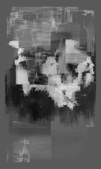 An abstract digital artwork featuring glitch effects, with white and black textured shapes on a gray background.