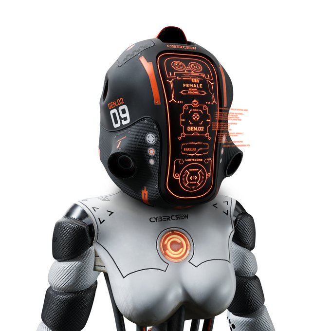 A futuristic female robot labeled "GEN-02 09" with "CYBERGEM," "FEMALE," and "LADYCLONE" markings on her black and orange helmet and torso wears a glowing orange circular chest emblem—visually embodying the Ladyclone teased in the weekend message and hinting at upcoming reveals.
