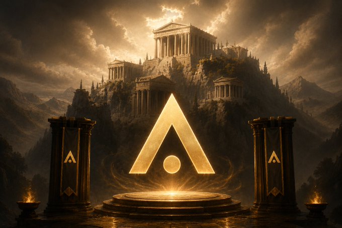 A glowing golden "A" symbol with an embedded dot stands on a pedestal, flanked by banners displaying the "A" emblem, set against a majestic mountain-top Greek temple under dramatic skies. The image evokes a sense of grandeur and divinity, fitting for the announcement of $ATLAS, a new revenue-generating Dapp on the Cardano blockchain.