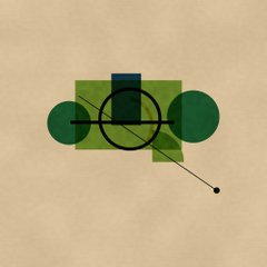 A minimalist geometric drawing featuring overlapping green circles and rectangles on a beige background with a thin line extending to a small dot.