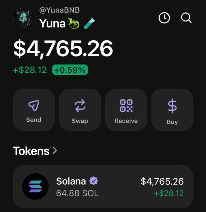 A screenshot of a crypto wallet app showing the account @YunaBNB with a balance of $4,765.26, displaying 64.88 SOL worth $4,765.26, an example of a Solana wallet holding the token.