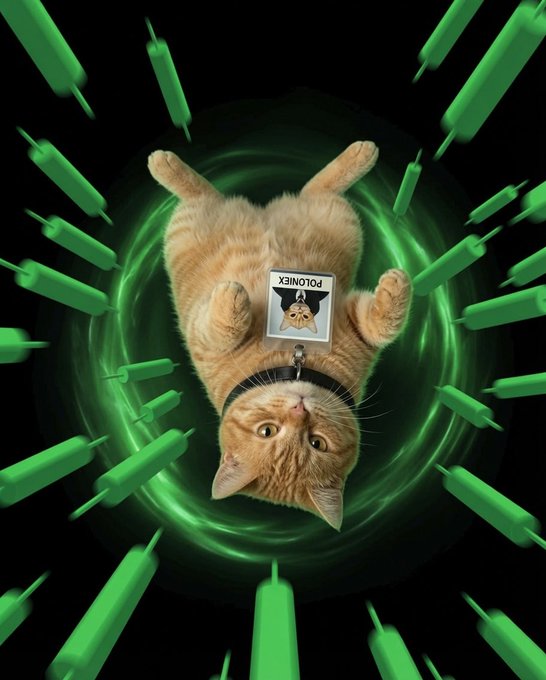 The image features a cat lying upside down with its head facing upwards, wearing a name tag that reads "Flip the narrative Go UpSide Down". The cat's position appears to be within a green bubble or tunnel filled with floating candles of various sizes. The background is black and has a blurred effect, making it difficult to discern any specific details beyond the cat and the surrounding environment.