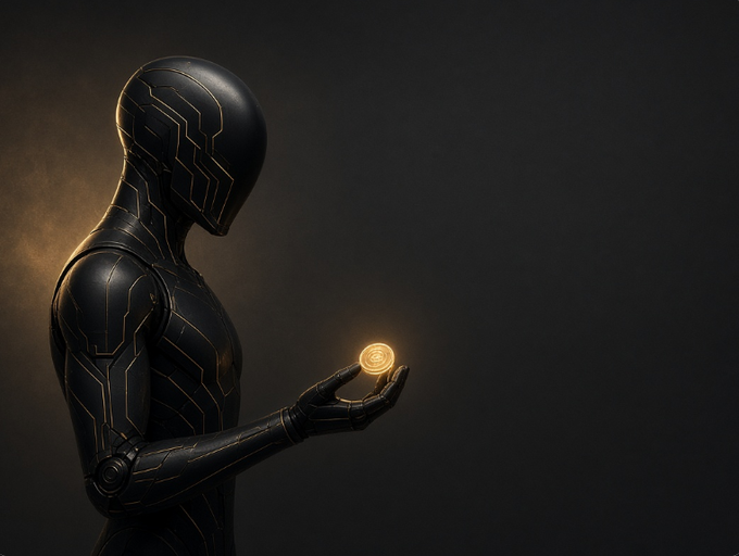 A sleek humanoid figure in a black armored suit with gold circuit-like accents holds a glowing golden coin or token in its outstretched palm against a dramatic dark background.