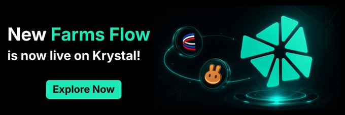 A graphic announces "New Farms Flow is now live on Krystal!" with an "Explore Now" button, showcasing Krystal's logo alongside two circular icons representing tokens.