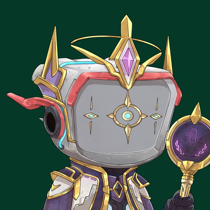 A stylized character with a CRT monitor for a head, adorned with golden ornaments, a purple gem, and a halo, holding a golden scepter against a dark green background.
