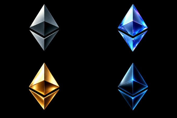 Four Ethereum cryptocurrency logos (octahedrons) in silver, blue/purple, gold, and blue colors against a black background.