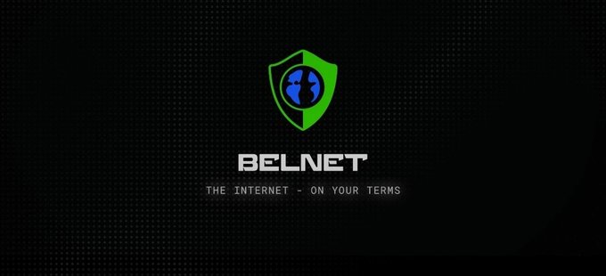 Logo for BELNET with a green shield and globe icon, accompanied by the tagline 'THE INTERNET - ON YOUR TERMS' on a dark background.