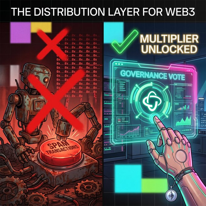 The image features two cartoon robots with different colored arms - one red and one green. The red robot has a button that says "SPAM" on its arm, while the green robot has a button labeled "Governance Vote". A person's hand is holding up the green robot's button to make it click. The background of the image shows a cityscape with buildings and neon lights.
