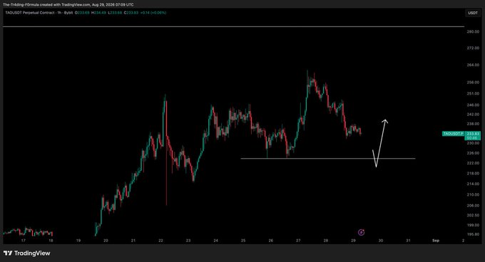 A TradingView chart of TAO/USDT Perpetual Contract on Bybit, showing price action around the 233.43 level with a white arrow indicating an expected bounce off the 222.5 range low support zone, aligning with the post's mention of waiting for reactions at the range low before considering entries.