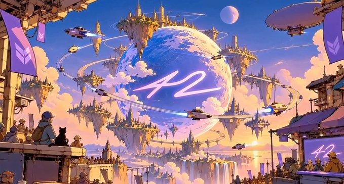 An anime-style digital illustration showing floating islands, futuristic vehicles, and figures observing a large planet with '42' written across it.