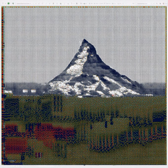 A glitchy, pixelated image of the Matterhorn mountain in a desktop window with visible menu bar icons at the top.