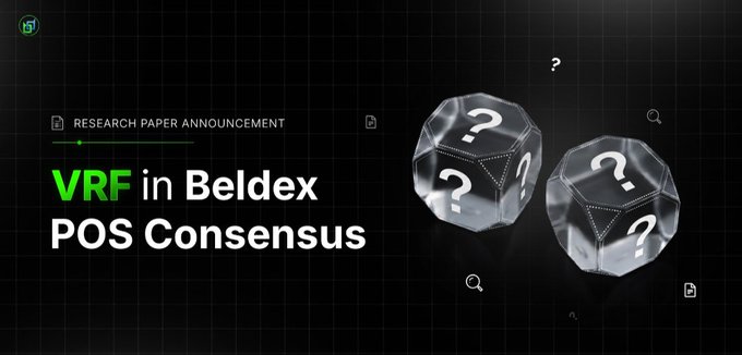 An announcement graphic for a 'RESEARCH PAPER ANNOUNCEMENT' titled 'VRF in Beldex POS Consensus,' featuring two 3D question mark dice on the right.