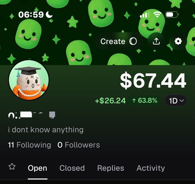 A Robinhood-style stock trading app profile showing a balance of $67.44 with a gain of +$26.24 (63.8%), 11 Following and 0 Followers, with the bio 'i dont know anything' on a green smiley face background.