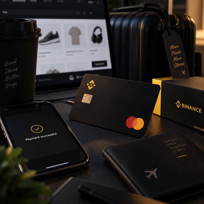 The image showcases a Binance Mastercard, a coffee cup reading "Good Ideas Better Days," a smartphone displaying "Payment successful," a passport, a luggage tag marked "More Places More Stories," and a small box branded "BINANCE," all arranged together on a desk. The composition visually reinforces the post's message about using crypto via the Binance Card for everyday purchases like travel and coffee, blending digital finance with real-world lifestyle items.