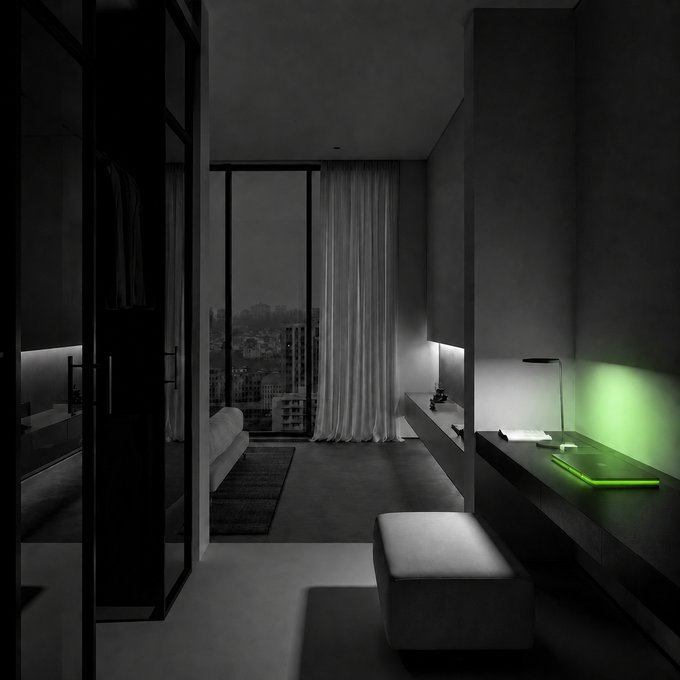 A dimly lit, monochromatic modern bedroom scene with a glowing green laptop screen as the sole source of color. The green hue echoes the "GM" ticker mentioned in the caption, creating a visual pun linking the glow of the screen to the stock symbol.