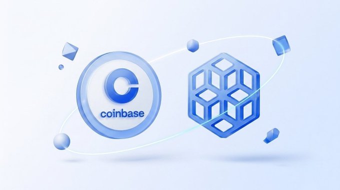 A 3D graphic showing a 'coinbase' logo coin floating next to a hexagonal block structure, connected by an orbital line with small geometric shapes.