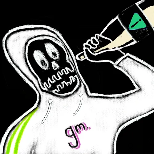 A hooded grim reaper figure wearing a "gm." hoodie gets "smoked" by a glowing joint, fitting the post about "rektguy #2106" being sold on OpenSea.