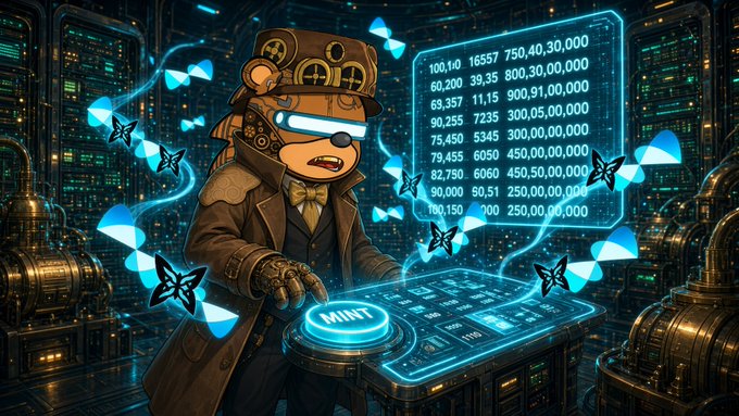 A steampunk-styled bear wearing VR goggles and a top hat presses a glowing blue "MINT" button on a futuristic console, with cascading numerical data (100,110, 16557, 750,40,30,000, 60,200, 39,35, etc.) displayed on a holographic screen, surrounded by floating teal butterflies, visually symbolizing the moment of hitting the 100,000 Quantum Echoes milestone while contemplating the risks of quantum decryption of old cryptographic signatures.