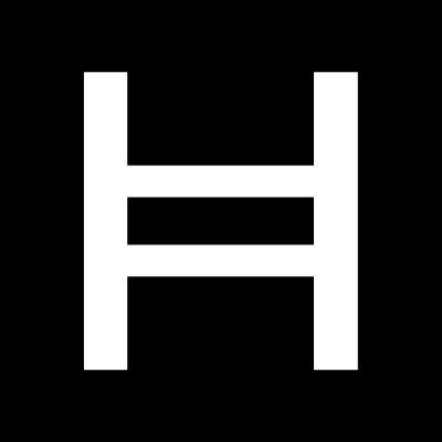 A bold white letter 'H' is centered on a solid black background.