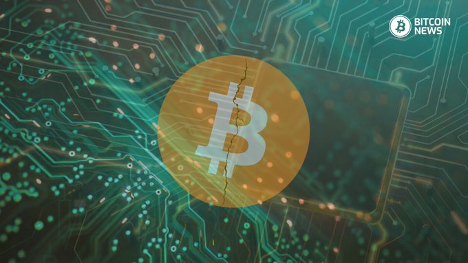 A cracked golden Bitcoin symbol is overlaid on a green circuit board, with the "BITCOIN NEWS" logo in the top right corner, visually representing the looming threat quantum computing poses to Bitcoin's encryption as IonQ CEO Niccolo de Masi forecasts Q-Day by 2028.