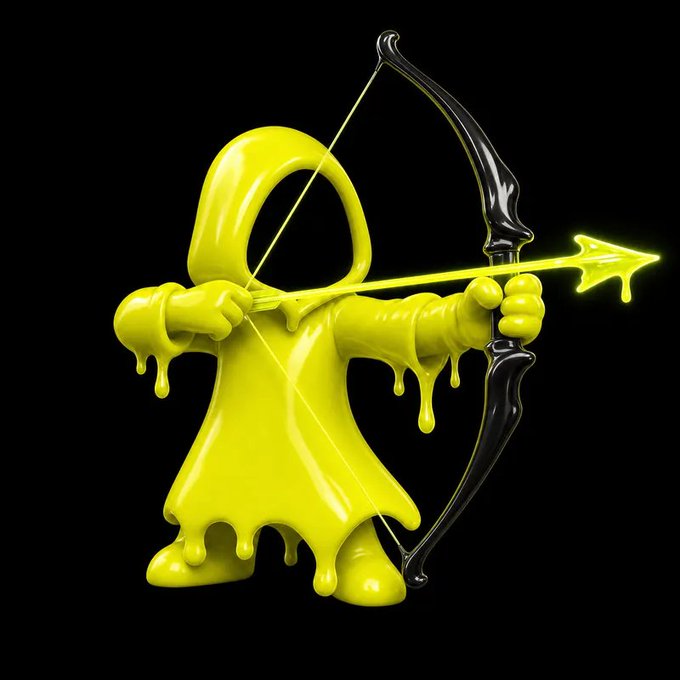 A glossy yellow 3D-rendered hooded figure drawing a glowing yellow arrow on a black bow against a solid black background.