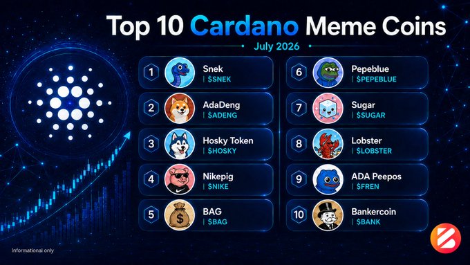 A promotional graphic titled 'Top 10 Cardano Meme Coins - July 2026' listing meme coins including Snek, AdaDeng, Hosky Token, Nikepig, BAG, Pepeblue, Sugar, Lobster, ADA Peepos, and Bankercoin.