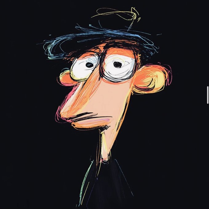 A digital sketch of a cartoon character with wide, staring eyes, messy dark hair, orange-toned skin, and an elongated face against a black background.