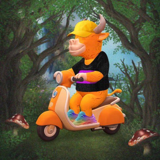 A vibrant illustration features a 3D-rendered orange bull wearing a black shirt and yellow cap, riding a matching orange Vespa-style scooter through a lush, mossy forest with red-capped mushrooms in the foreground. The image ties directly to the "Bullies on BNB" NFT project mentioned in the post, visually representing the project's branding and community energy with its playful, cartoonish mascot.