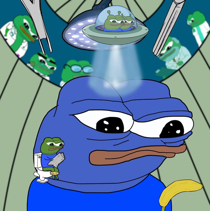 Cartoon illustration of a large blue Pepe the Frog character with a UFO beaming down aliens (also frog-like figures) onto its head, while a small Pepe reads a newspaper on a toilet.