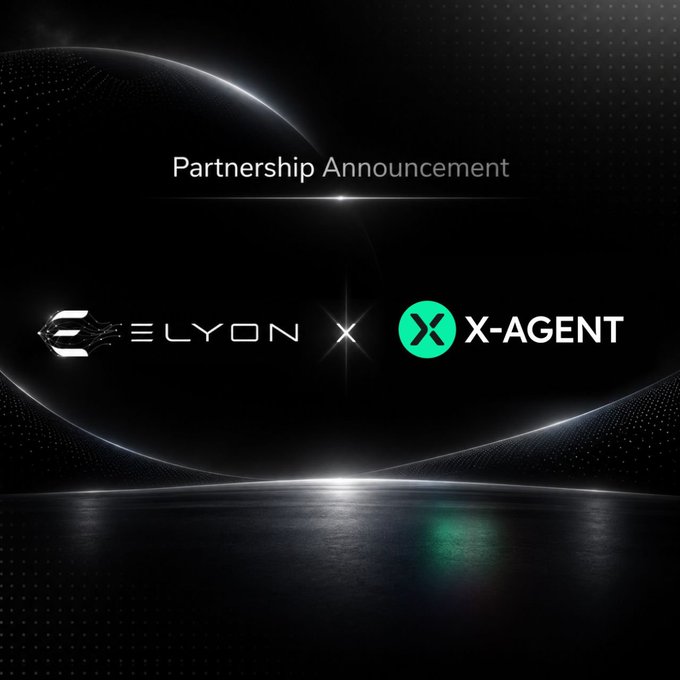 A promotional graphic titled 'Partnership Announcement' featuring the Elyon and X-Agent logos displayed against a dark, cosmic background.