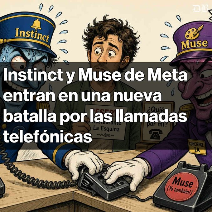 A Spanish-language cartoon illustration showing a man caught between two characters labeled 'Instinct' (blue, in a bellhop hat) and 'Muse' (purple, in a painter's beret), both grabbing a telephone, with text about Meta's Instinct and Muse battling for phone calls.